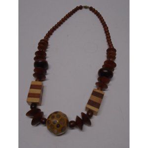 Wooden Artisan 23” Necklace Chunky Brown Wood Beads Abstract Boho Statement Arts